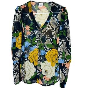 Cabi Women V Neck Floral Blouse Snake Charmer Puff Sleeve Multi Print Maximalist